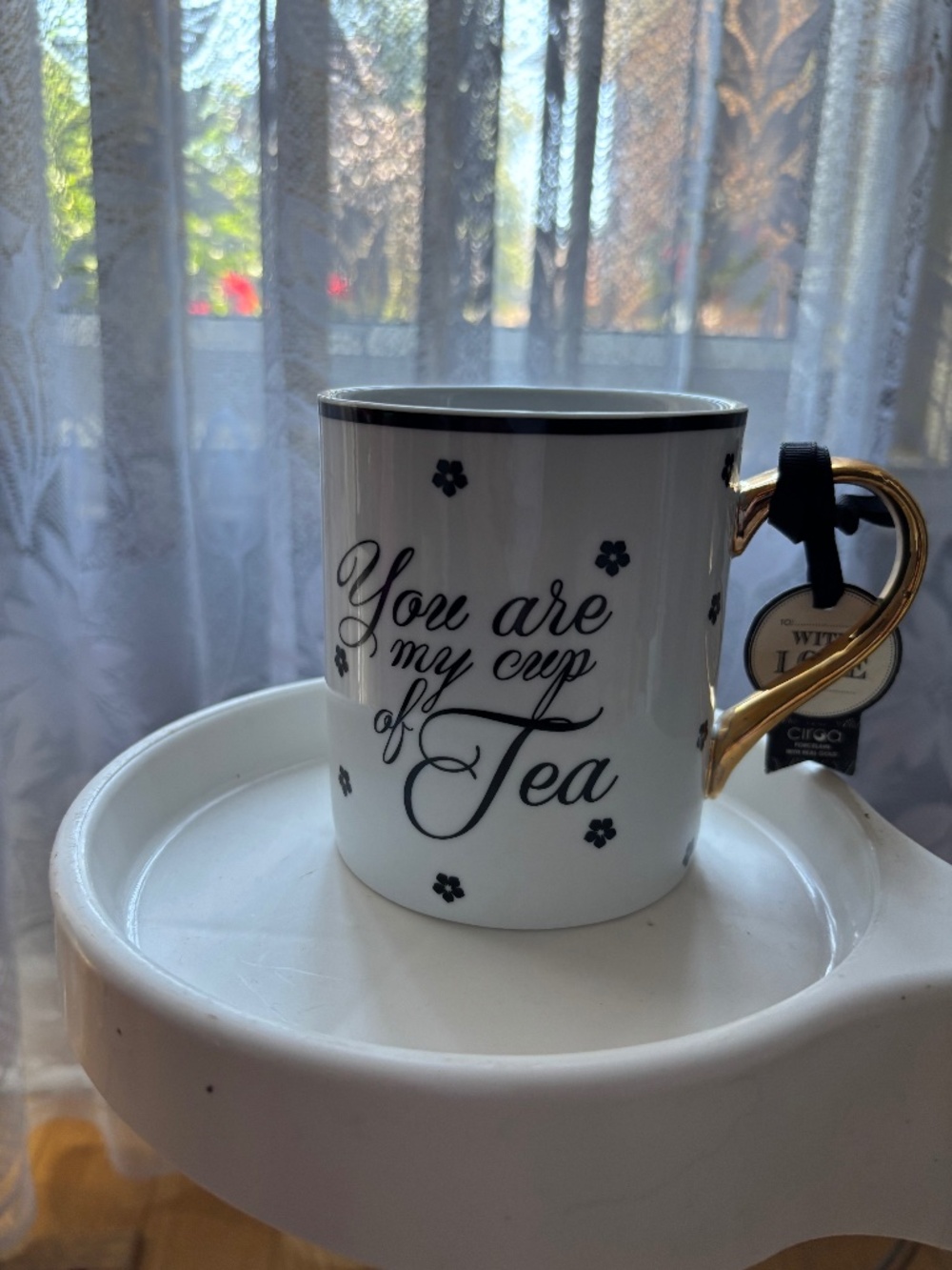 NWT White & Gold Ceramic Mug "You are my cup of Tea" Floral Accents